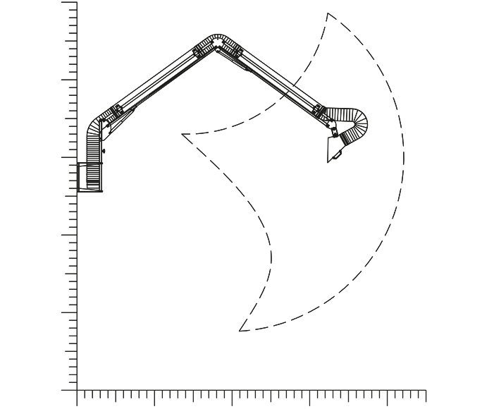Schwenkbereich Absaugarm ohne Ausleger seitlich